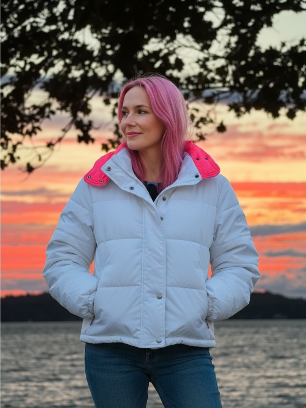 Flash Sale!💚☘️Skea Puffer Jacket in White and Neon Pink
